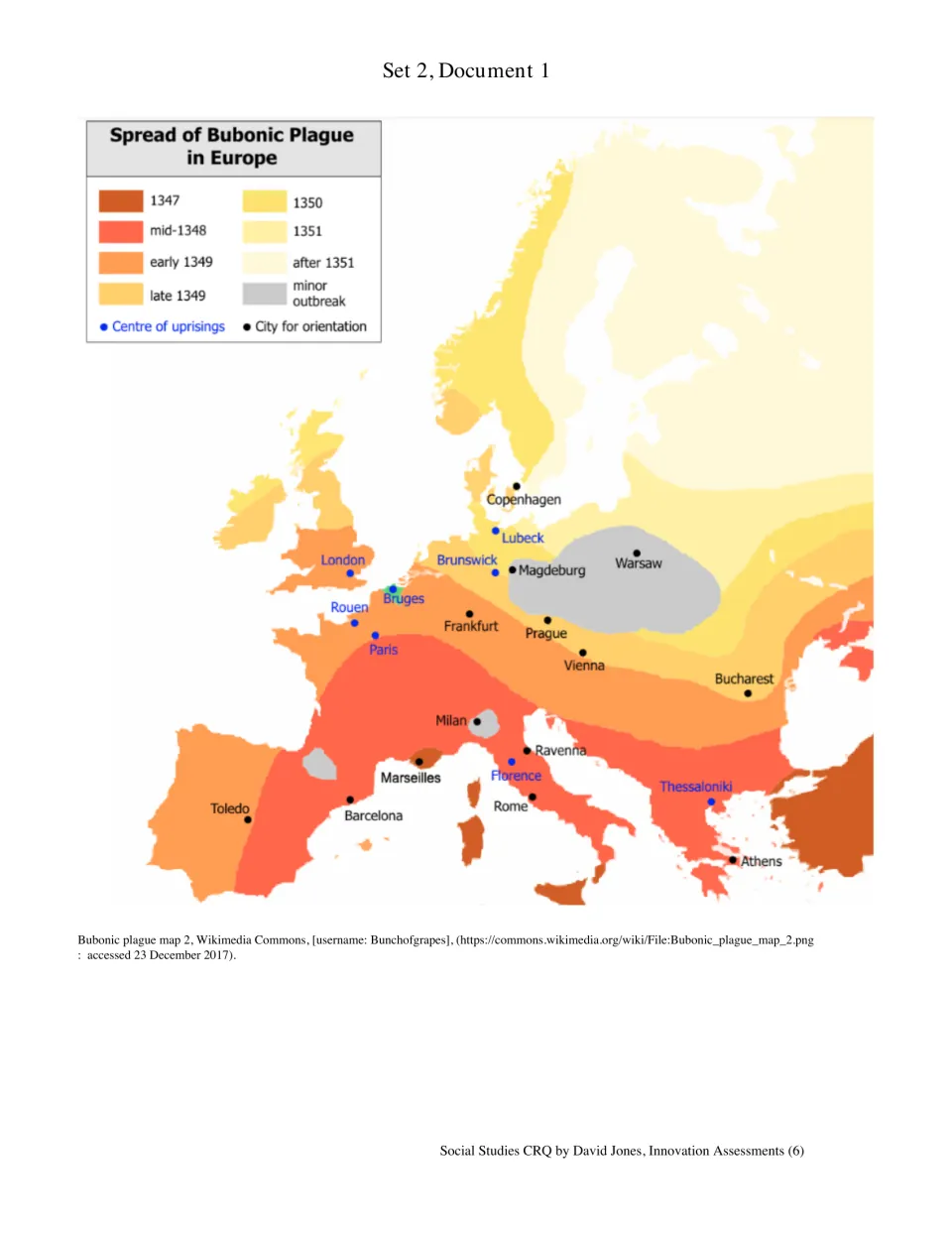 Spread of Bubonic Plague in Europe map, color-coded by date from 1347 to after 1351, with cities and uprisings