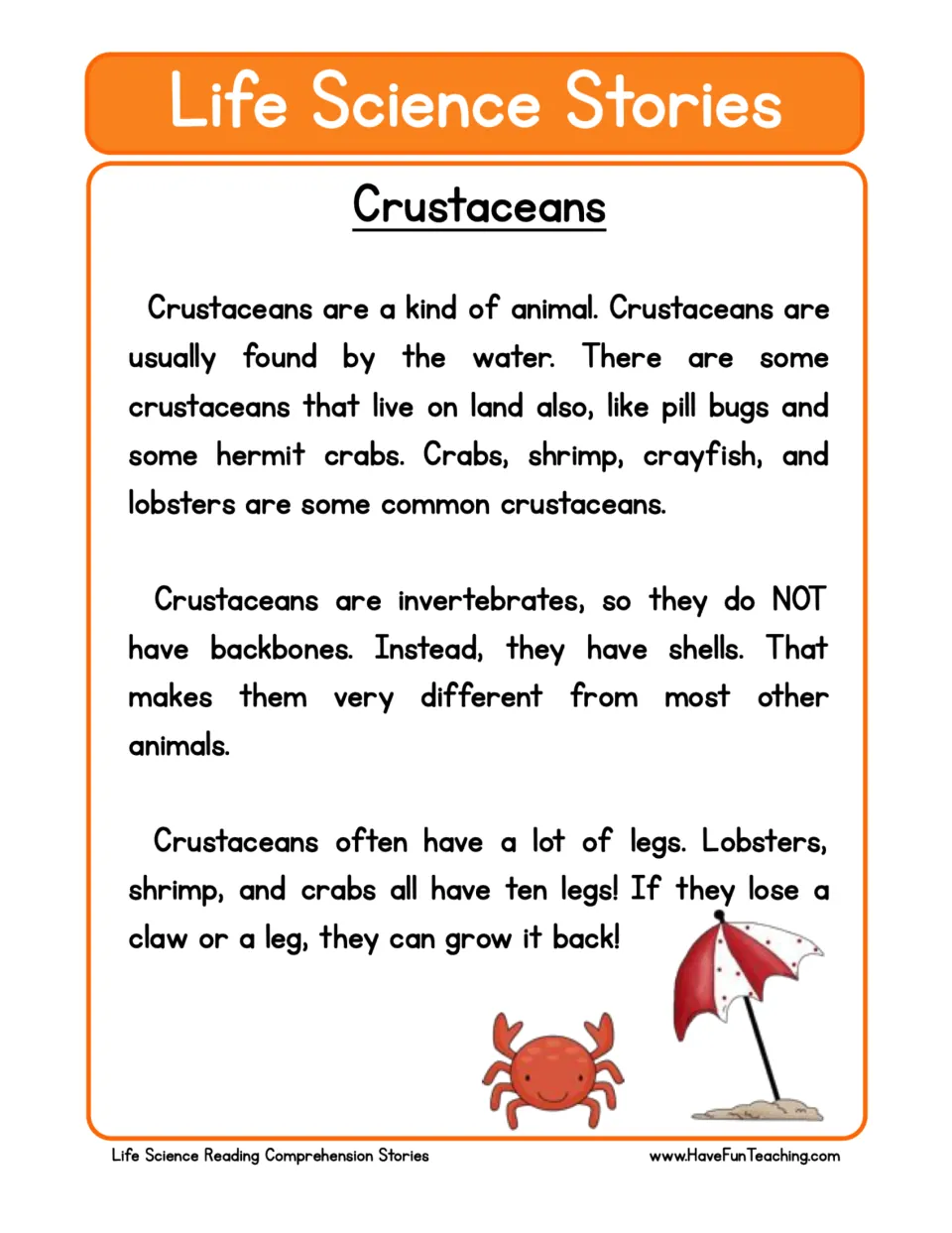 Reading passage about crustaceans, including their habitats, shells, ten legs, and ability to regrow limbs.