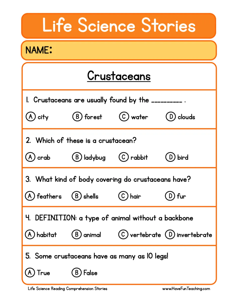 Comprehension questions 1–5 on crustacean habitats, examples, shells, invertebrates, and number of legs.