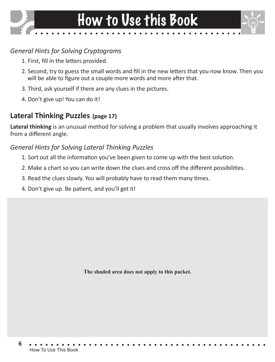 How to Use this Book: four hints for solving cryptograms, a lateral thinking definition and four hints for logic puzzles