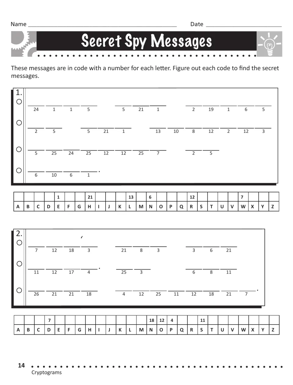 Secret Spy Messages: students decode two number-coded messages, using a partly filled A–Z key where each number is a letter