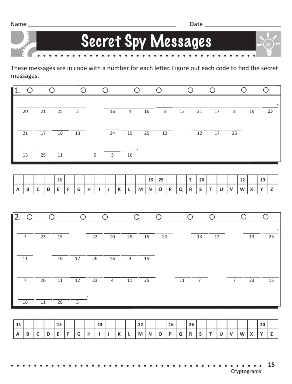 Secret Spy Messages, second set: students crack two more number-substitution codes using letter clues in each alphabet key