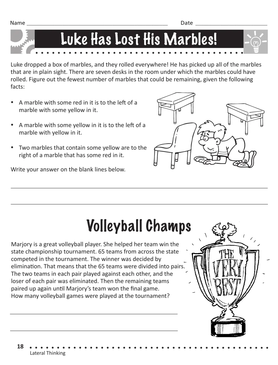 Two lateral thinking problems: find the fewest lost marbles from position clues and count games in a 65-team elimination