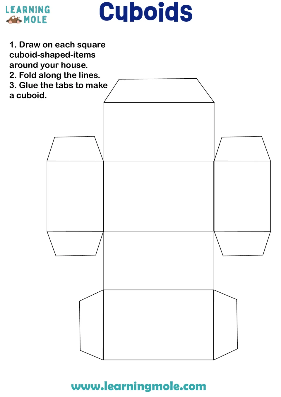 Cuboids net: students draw cuboid-shaped items from home on each face, then fold and glue the tabs to build a 3D cuboid