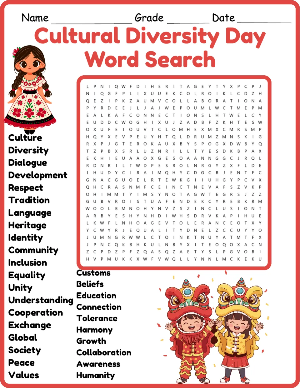Cultural diversity vocabulary in color: students find 30 words such as heritage, tradition and respect hidden in the puzzle