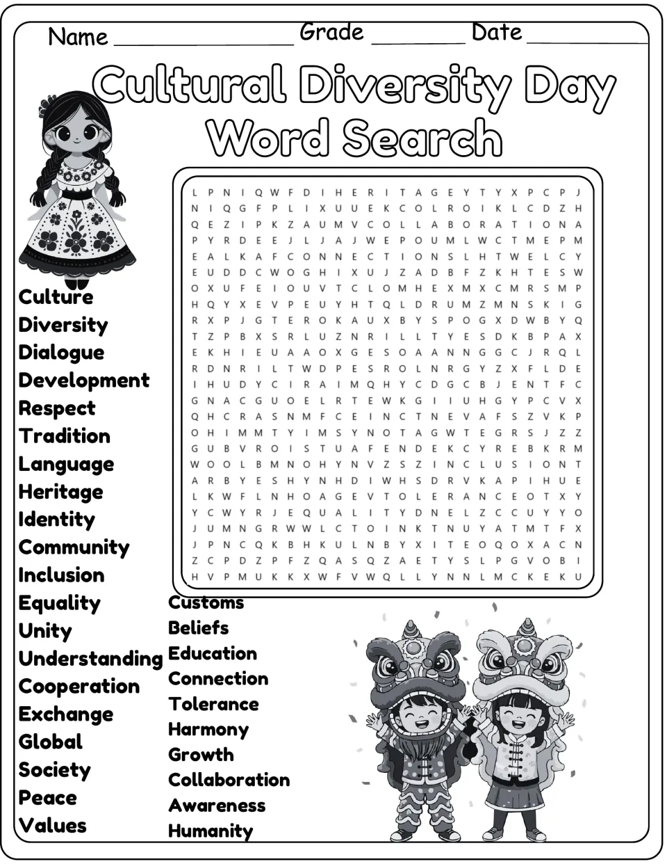 Black-and-white diversity word search: students locate the same 30 words, like inclusion, unity and customs
