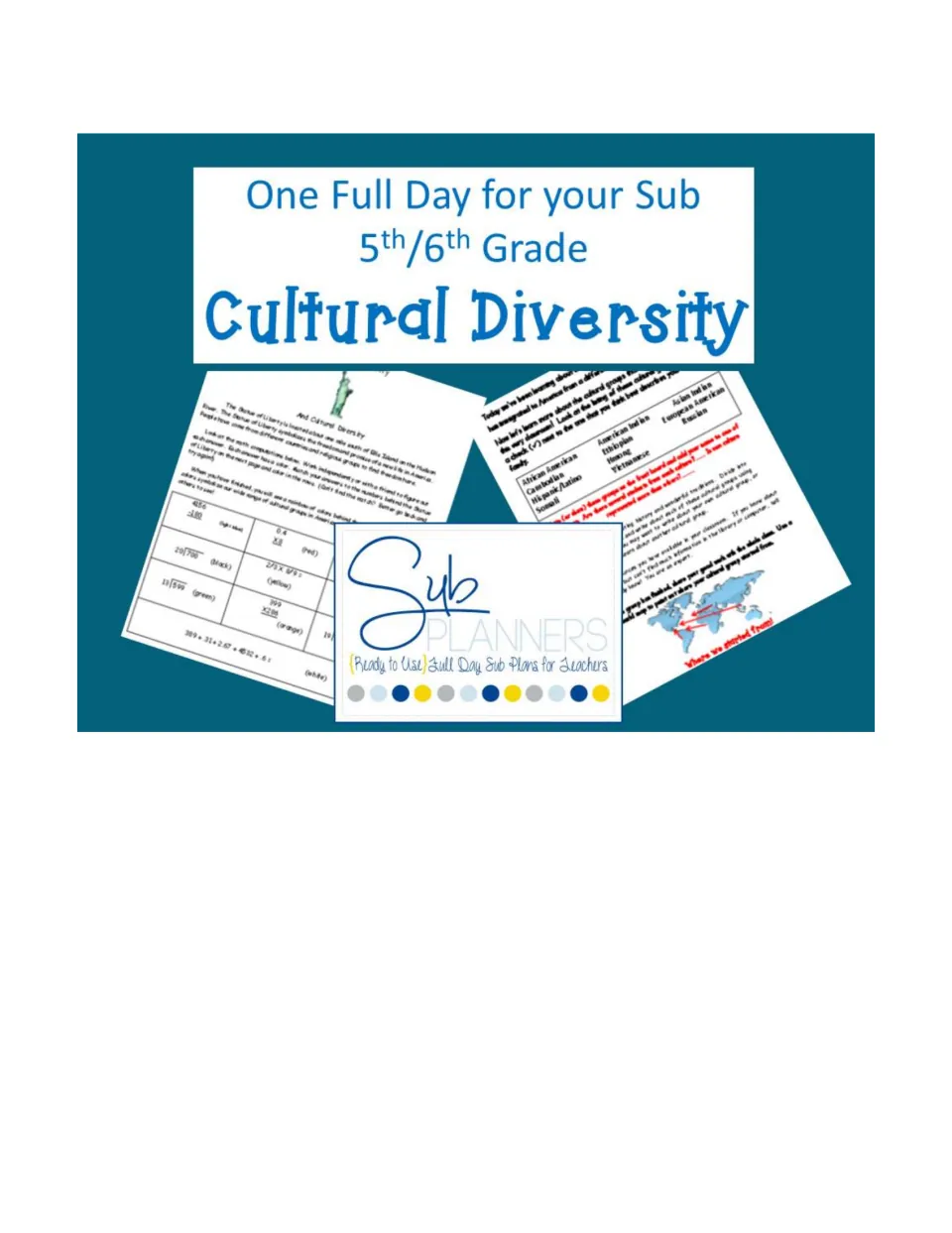 Cultural Diversity full-day sub plans cover for 5th/6th grade, showing sample math and cultural group pages