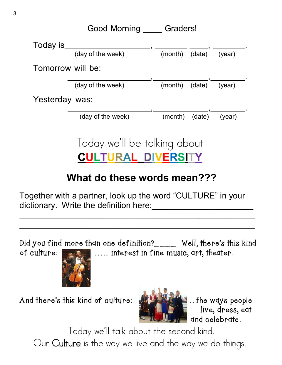 Morning message: 'Good Morning ___ Graders!', the date, and a partner dictionary search for 'culture'