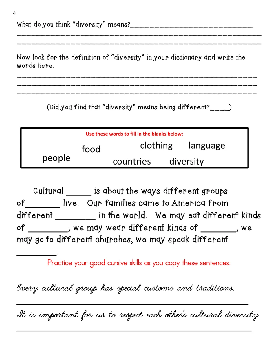Defining 'diversity,' a word-bank fill-in (food, clothing, language) and two cursive sentences to copy