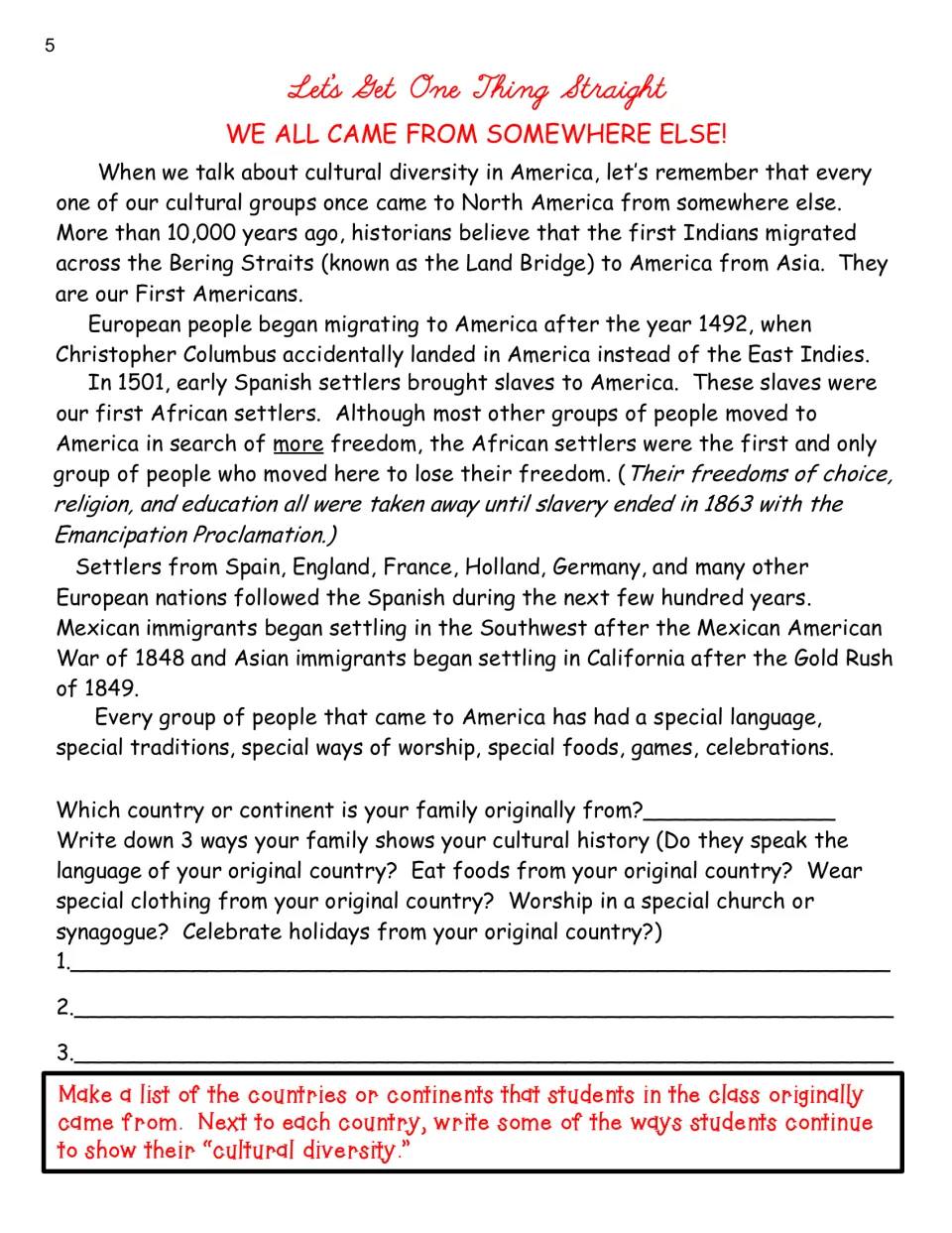 'We All Came From Somewhere Else!' passage on migration to America, with questions on family cultural history