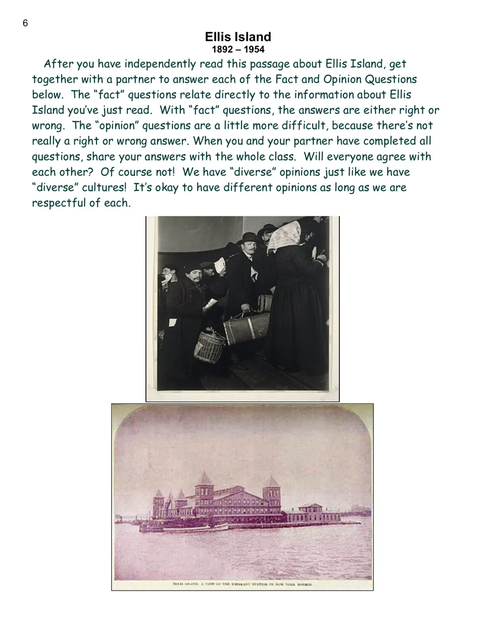 Ellis Island 1892–1954 passage opener: fact and opinion directions, photos of immigrants and the station