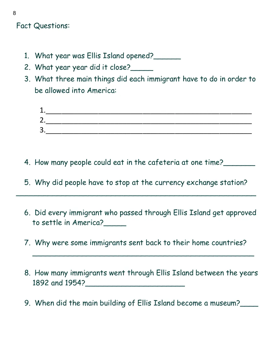 Ellis Island fact questions 1–9, such as 'What year was Ellis Island opened?' and the three entry requirements