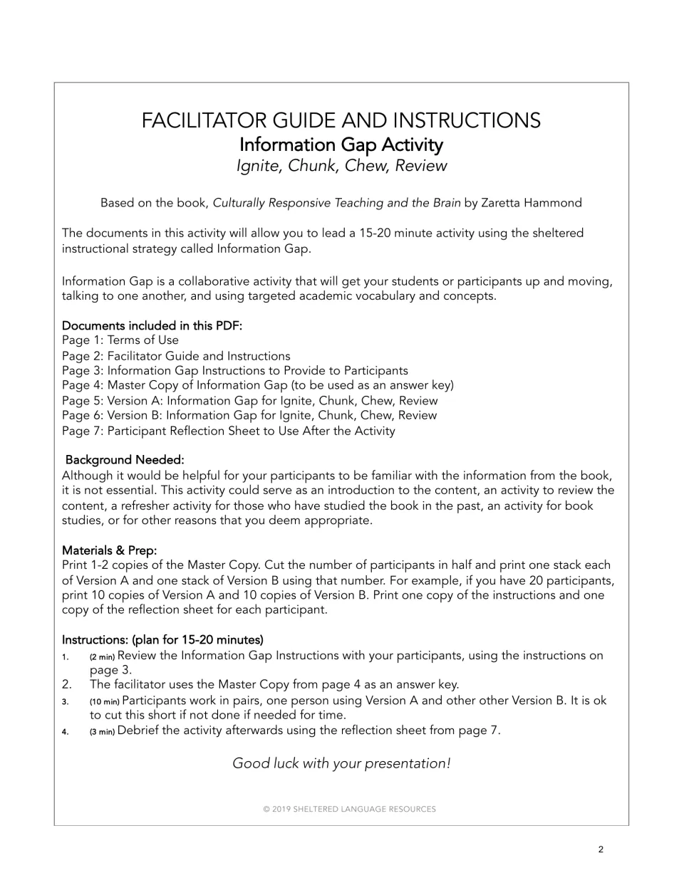 Facilitator guide for an Information Gap activity on Ignite, Chunk, Chew, Review: page list, materials, prep and timing