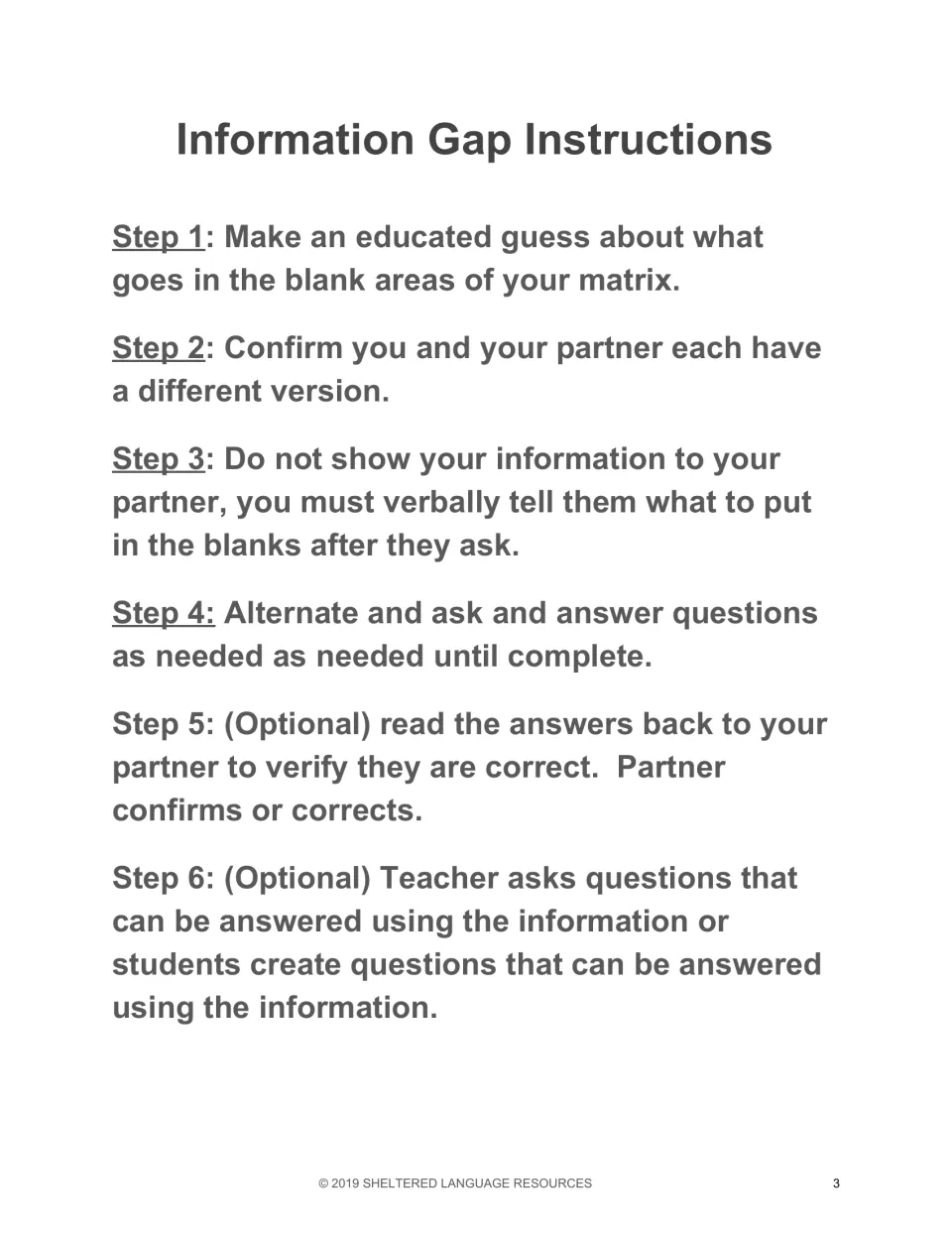 Information Gap instructions: six steps for partners to guess, then ask and answer aloud to fill blanks without showing