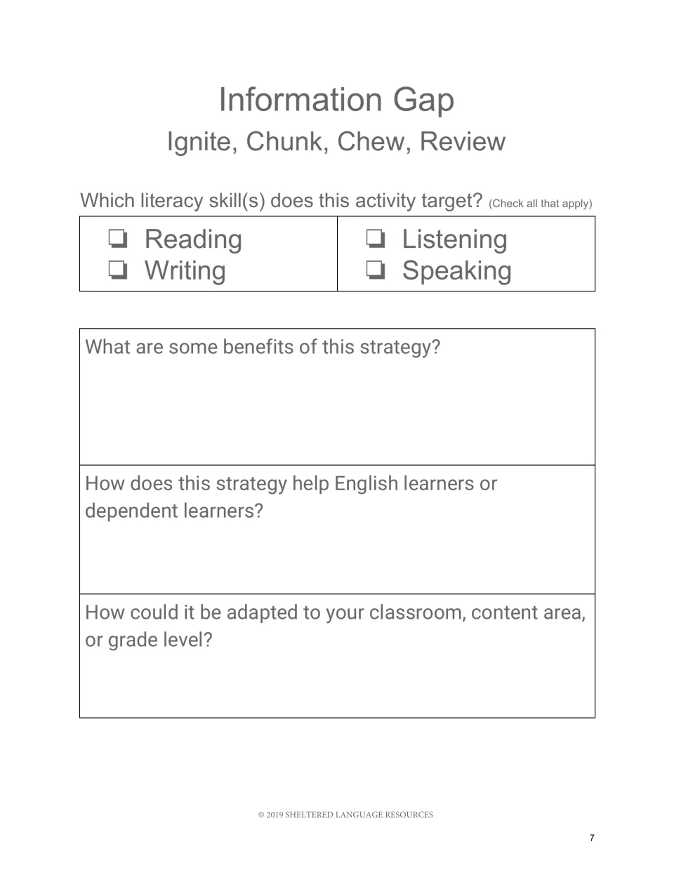 Reflection sheet: participants check literacy skills targeted and write on benefits, help for English learners, adaptations