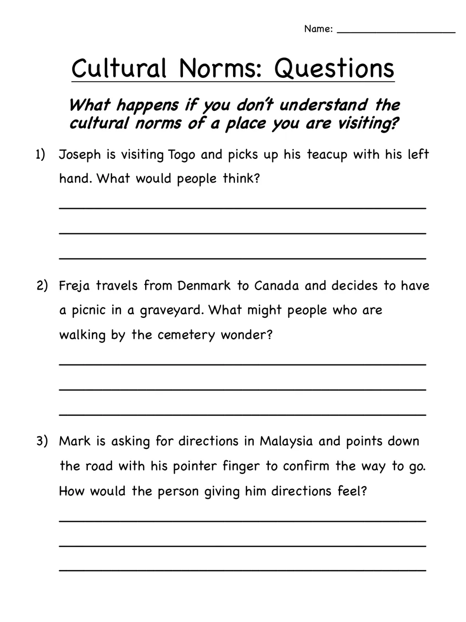 Cultural Norms questions 1-3: students explain how locals would react to travelers in Togo, Canada and Malaysia