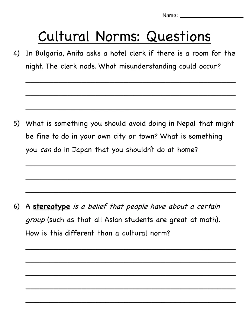 Cultural Norms questions 4-6: students apply customs from Bulgaria, Nepal and Japan, contrast a stereotype with a norm
