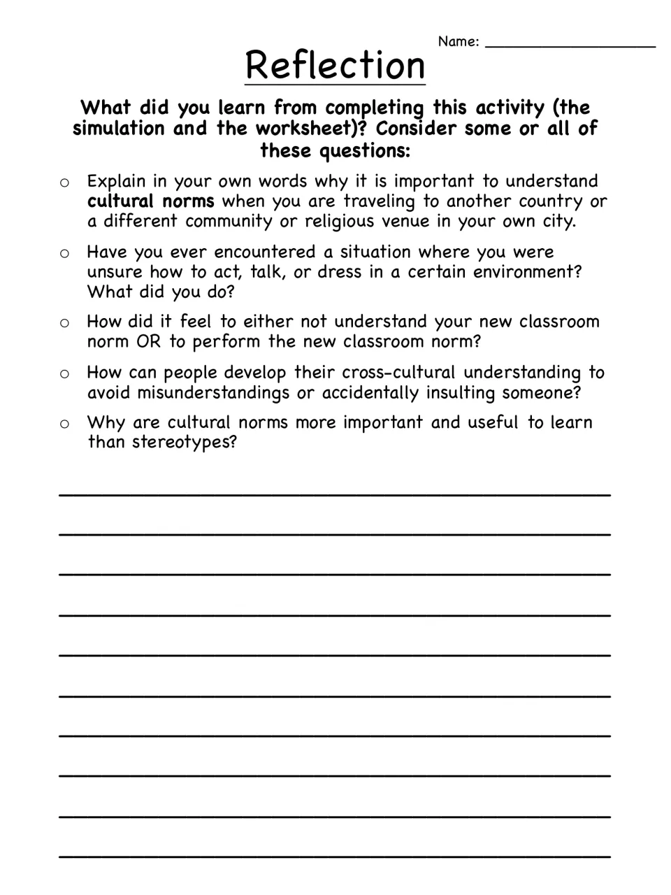 Reflection: students write about the simulation and worksheet, using five prompts on cultural norms versus stereotypes