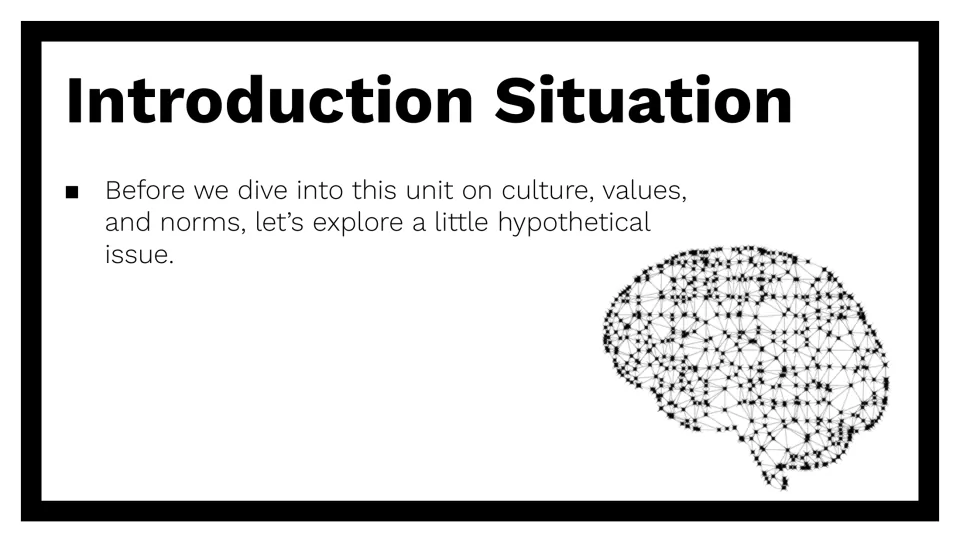 Introduction slide inviting students to explore a hypothetical issue before studying culture, values, and norms