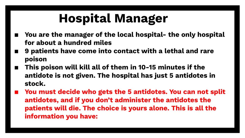 Hospital manager activity directions: choose which five of nine poisoned patients receive the available antidotes