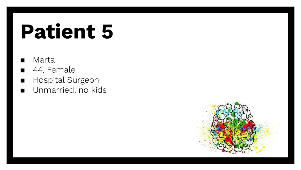 Patient 5 profile: Marta, a 44-year-old female hospital surgeon who is unmarried and has no children