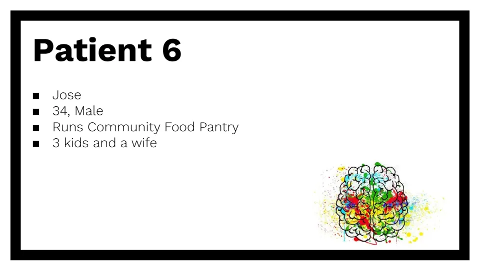 Patient 6 profile: Jose, 34, male, runs a community food pantry and has three children and a wife