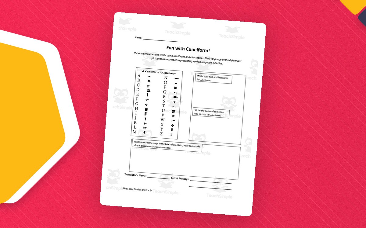 Fun with Cuneiform worksheet with an alphabet key, a coded message, and short response boxes.