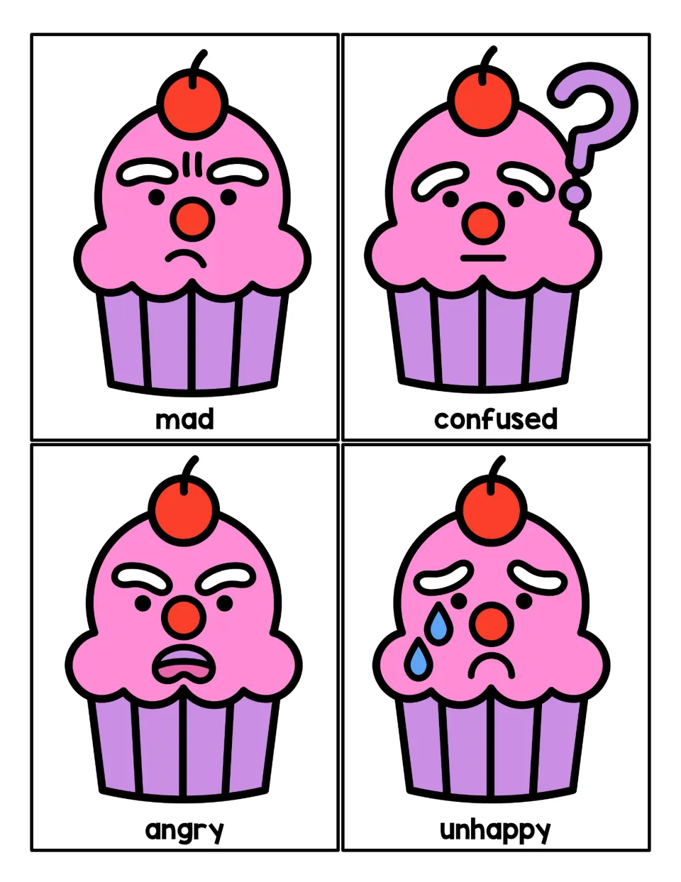 Feelings word cards: four cherry-topped cupcake faces labeled mad, confused, angry and unhappy for naming emotions