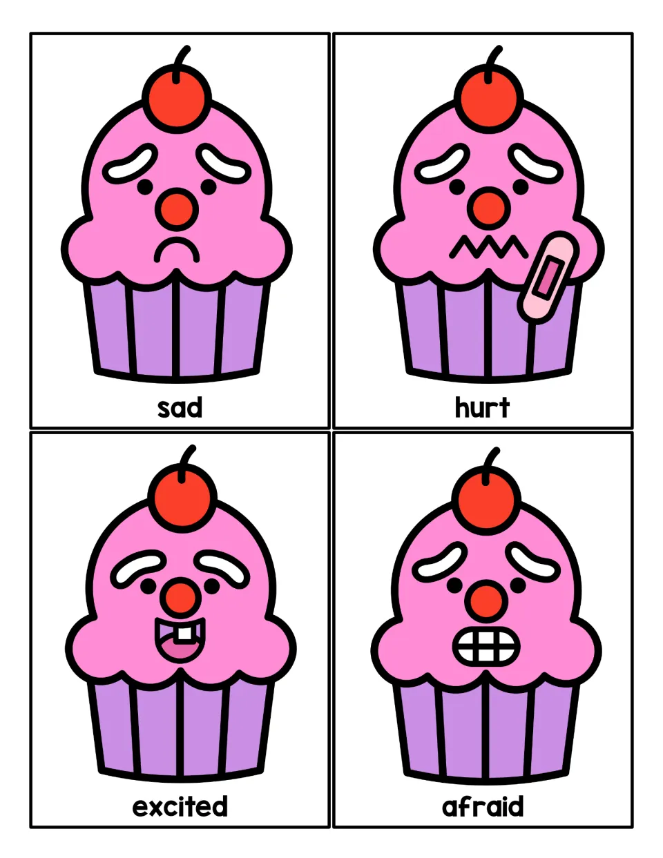 Emotion cards: cupcake faces labeled sad, hurt (with a bandage), excited and afraid for matching expressions to words