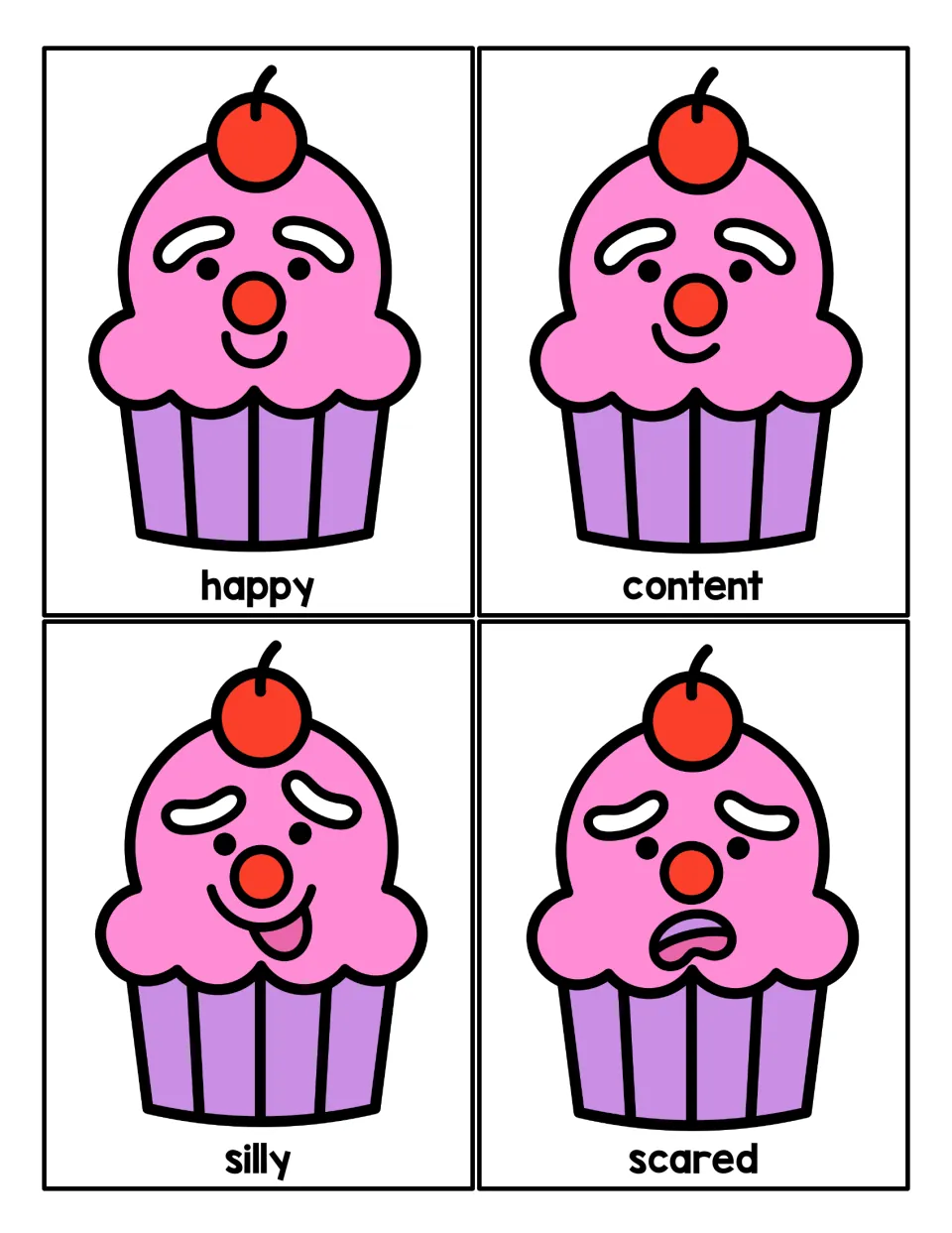 Emotion vocabulary cards: cupcakes with happy, content, silly and scared faces, each word printed below its picture