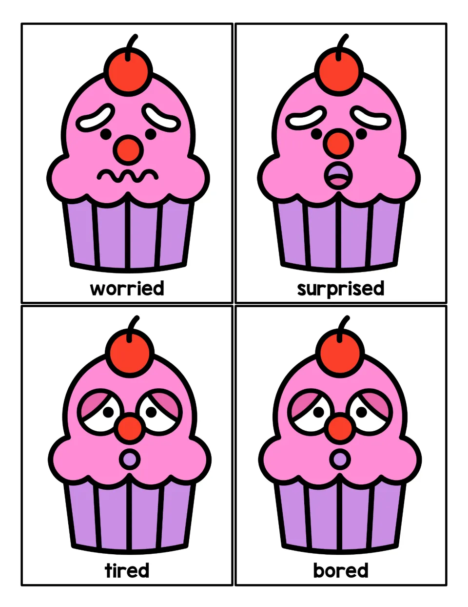 Feelings cards showing cupcake faces for worried, surprised, tired and bored for reading facial expressions