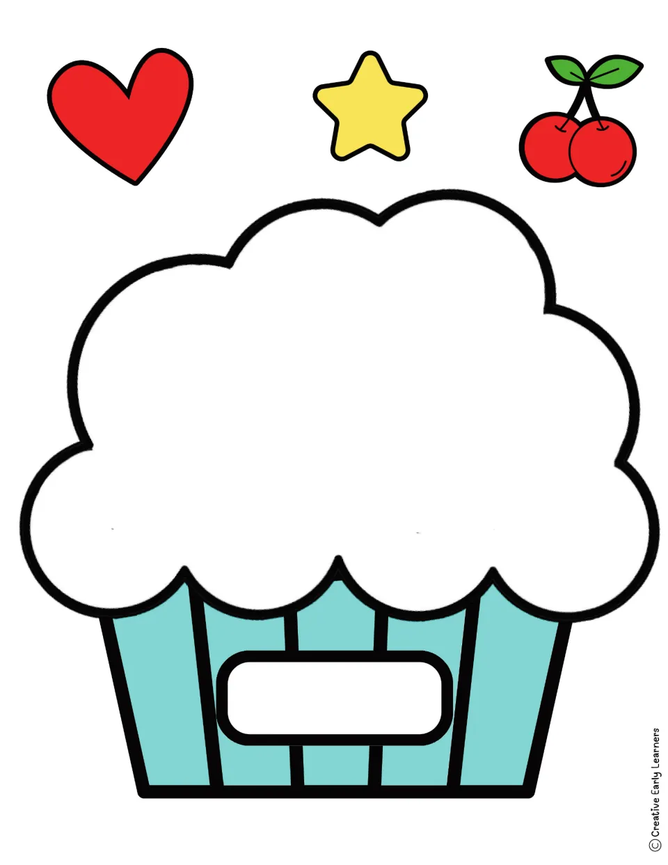 Full-color cupcake template with a teal liner and blank name label, plus heart, star and cherry toppers to cut out