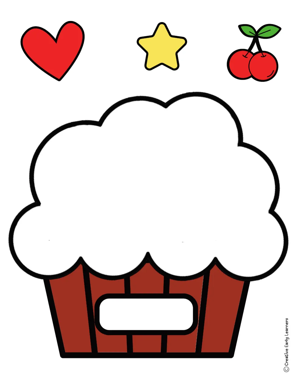 Brown-liner cupcake template with a blank name label and heart, star and cherry toppers for students to cut and paste