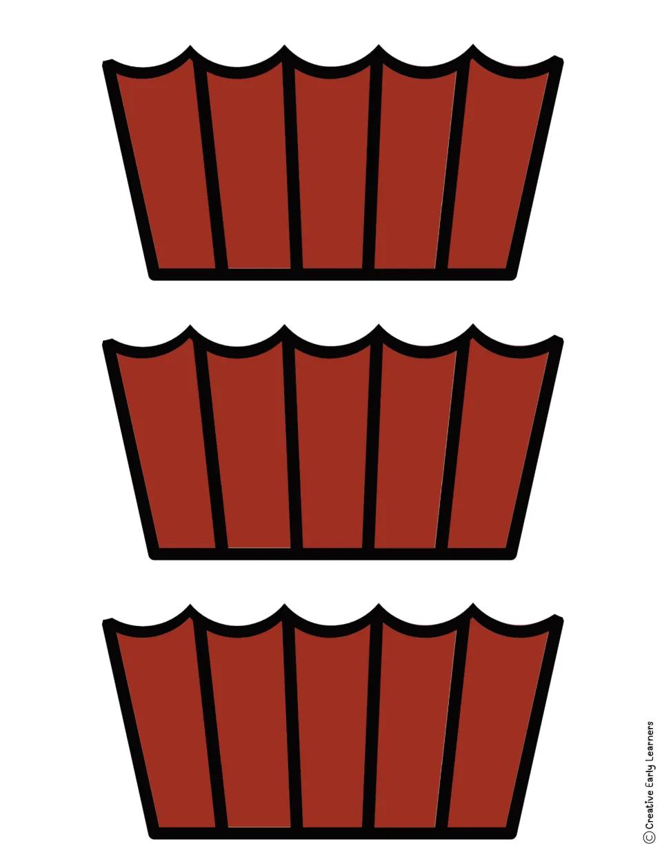 Three brown cupcake liner cut-out pieces with scalloped tops for students to cut and glue under a frosting shape