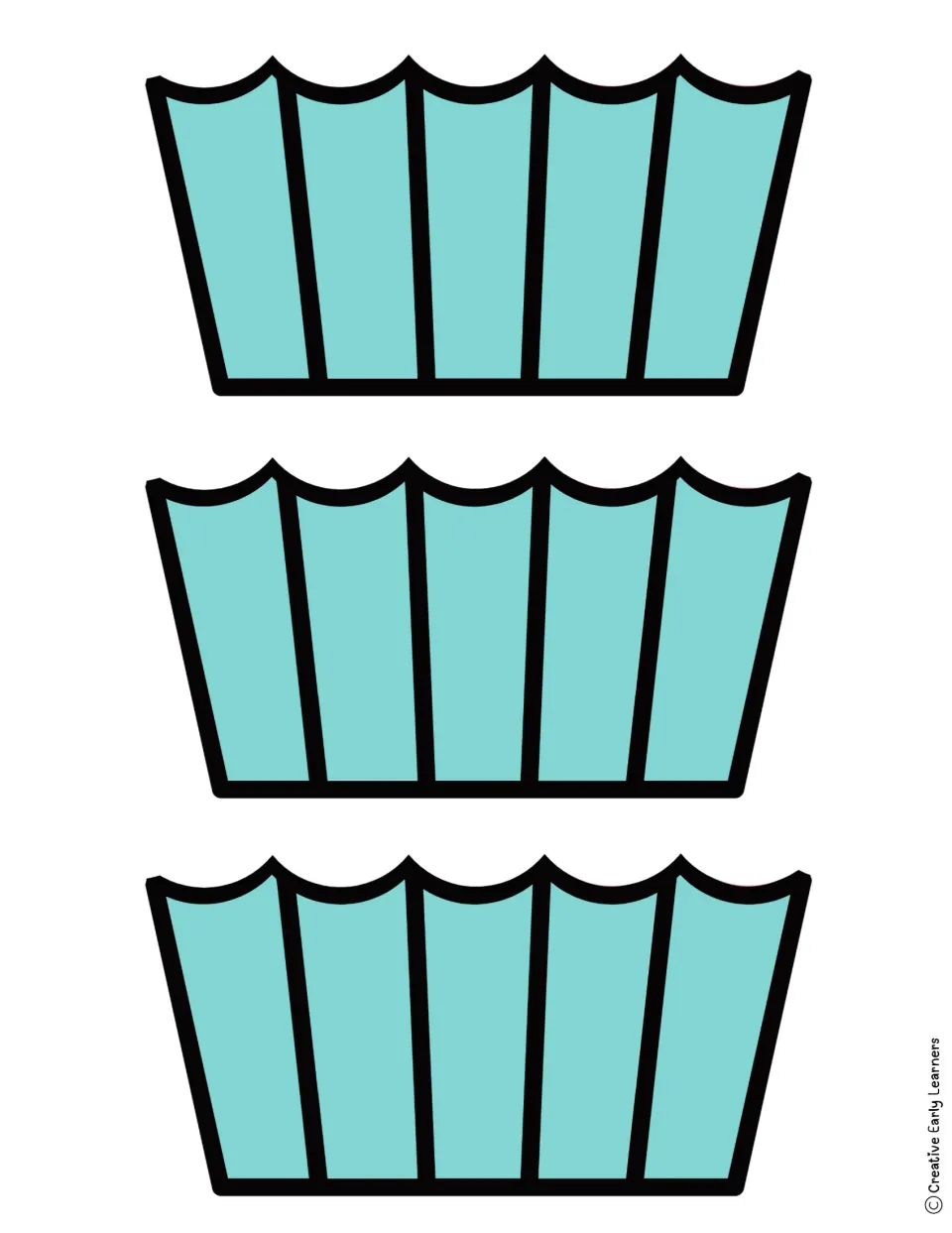 Three teal cupcake liner cut-out pieces with scalloped tops, an alternate color for assembling the cupcake from parts