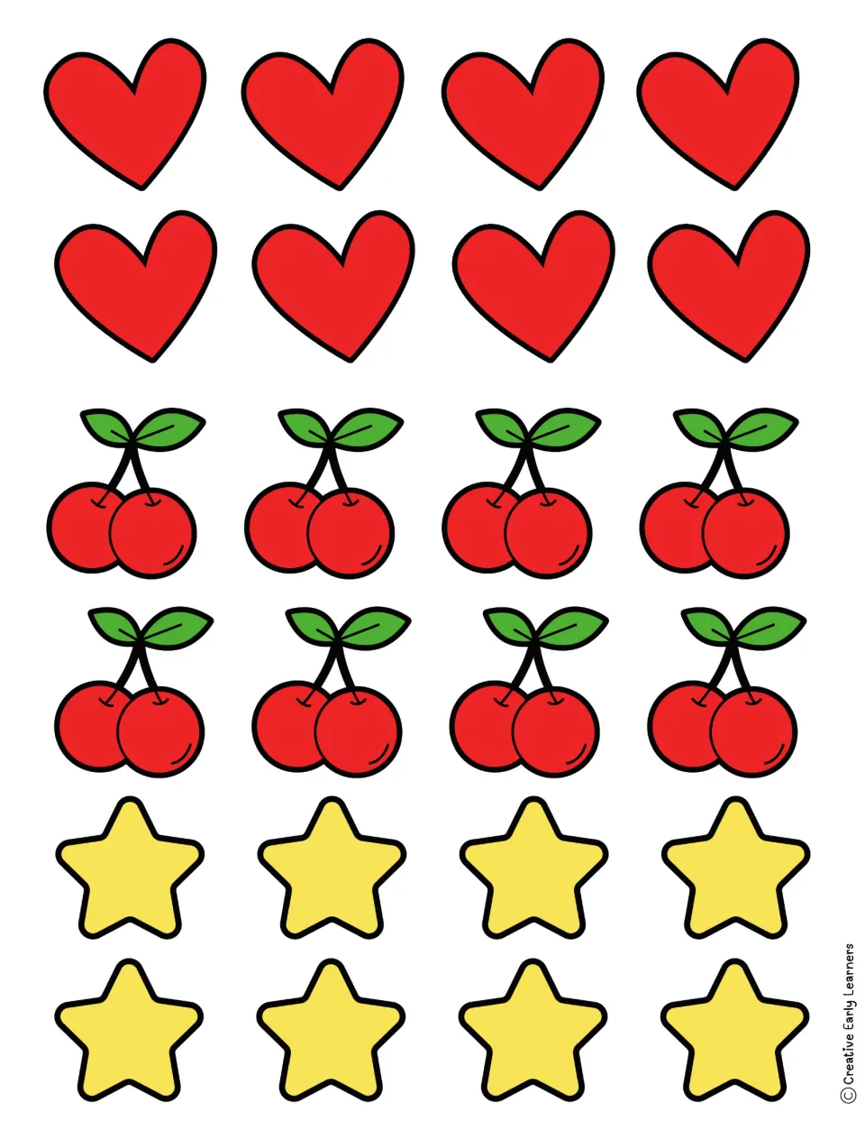 Decorations to cut out and glue on the frosting: two rows each of red hearts, cherry pairs with leaves and yellow stars