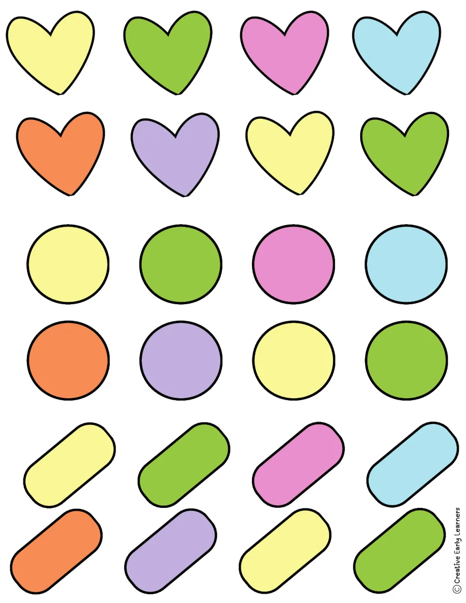 Pastel letter-holder cut-outs: hearts, circles and rounded sprinkles in yellow, green, pink, blue, orange and purple