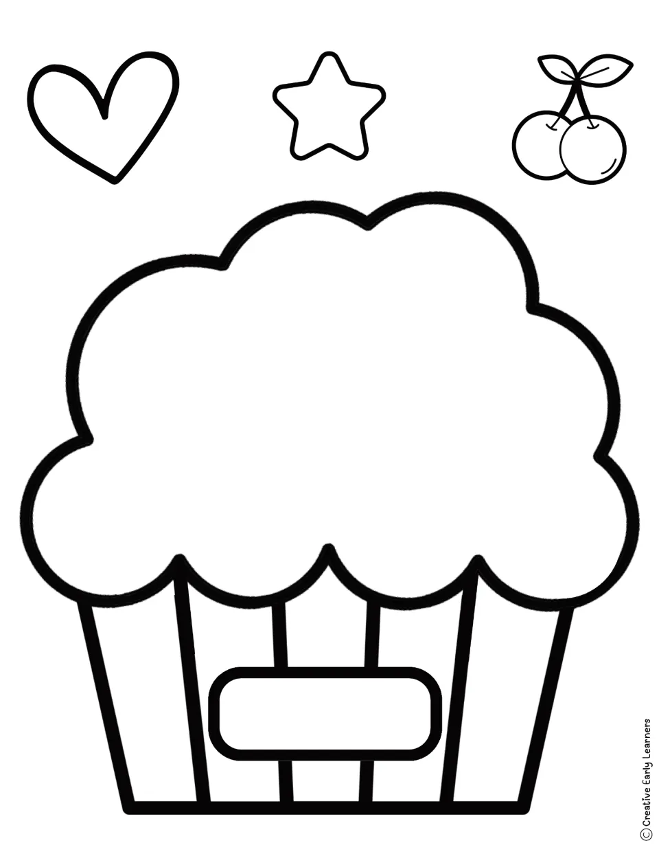 Black-and-white cupcake to color, with a blank name label and outlined heart, star and cherry toppers to color and cut