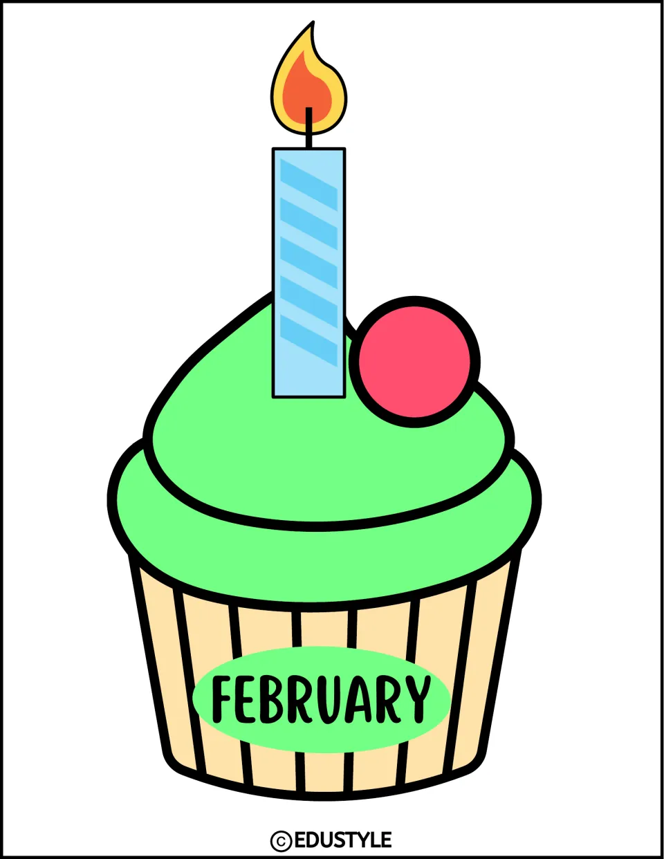 February cupcake piece for the birthday bulletin board or door display, with a candle and the month label.