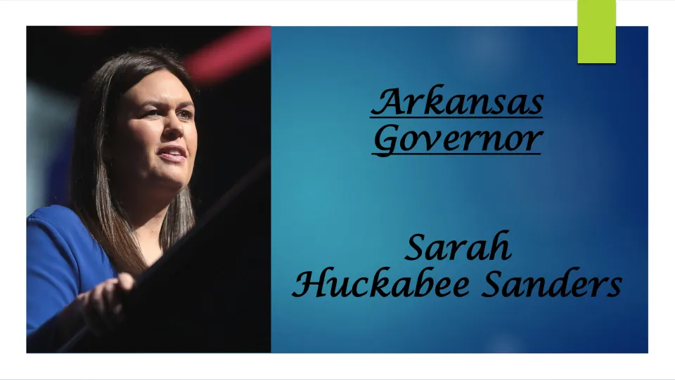 Biography presentation cover introducing Arkansas Governor Sarah Huckabee Sanders, with her portrait