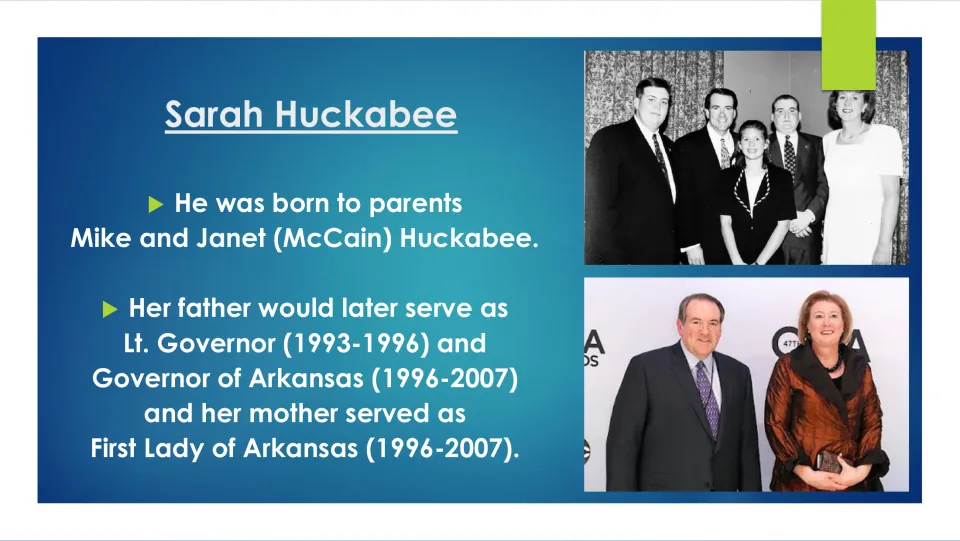 Biography slide naming Sanders's parents, Mike and Janet Huckabee, and describing their Arkansas roles