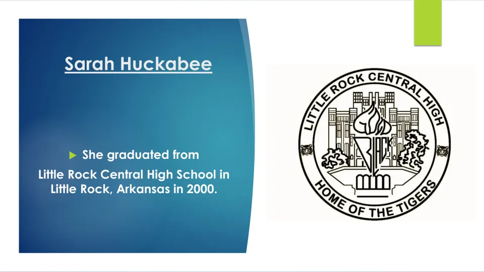 Biography slide stating that Sanders graduated from Little Rock Central High School in Arkansas in 2000