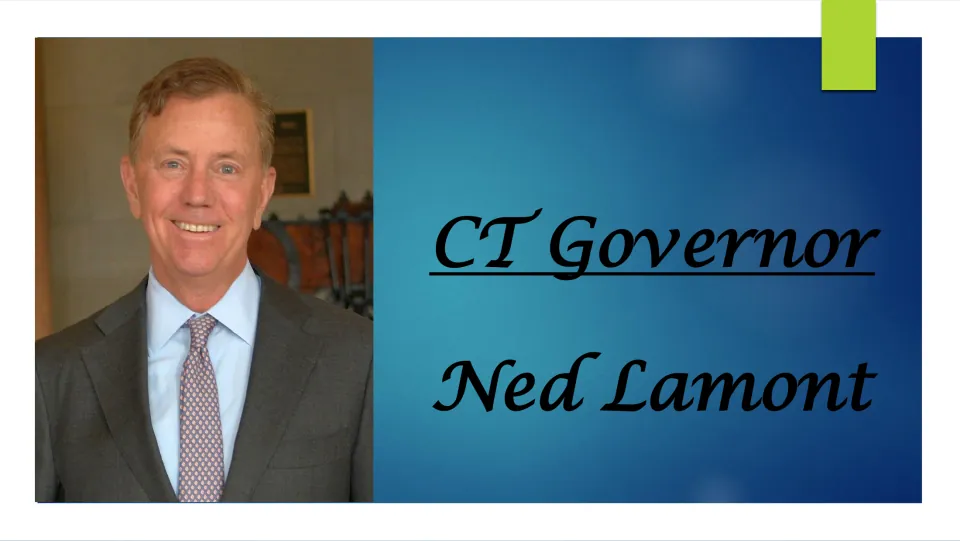 Biography presentation cover introducing Connecticut Governor Ned Lamont, with his name and portrait