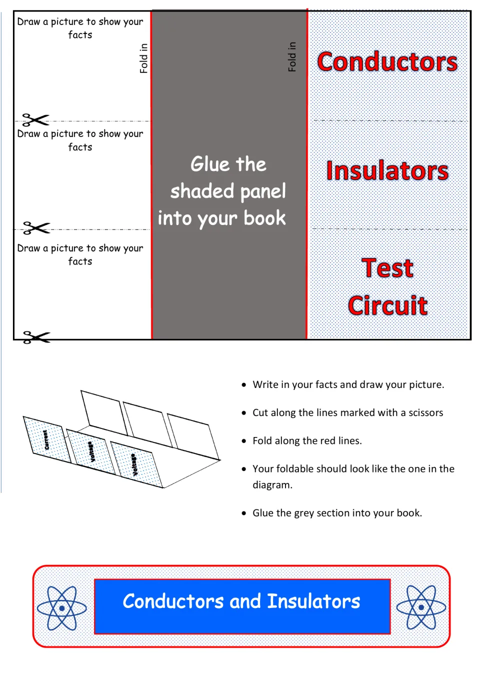 Conductors and insulators foldable: flaps for Conductors, Insulators and Test Circuit, with cut, fold and glue steps