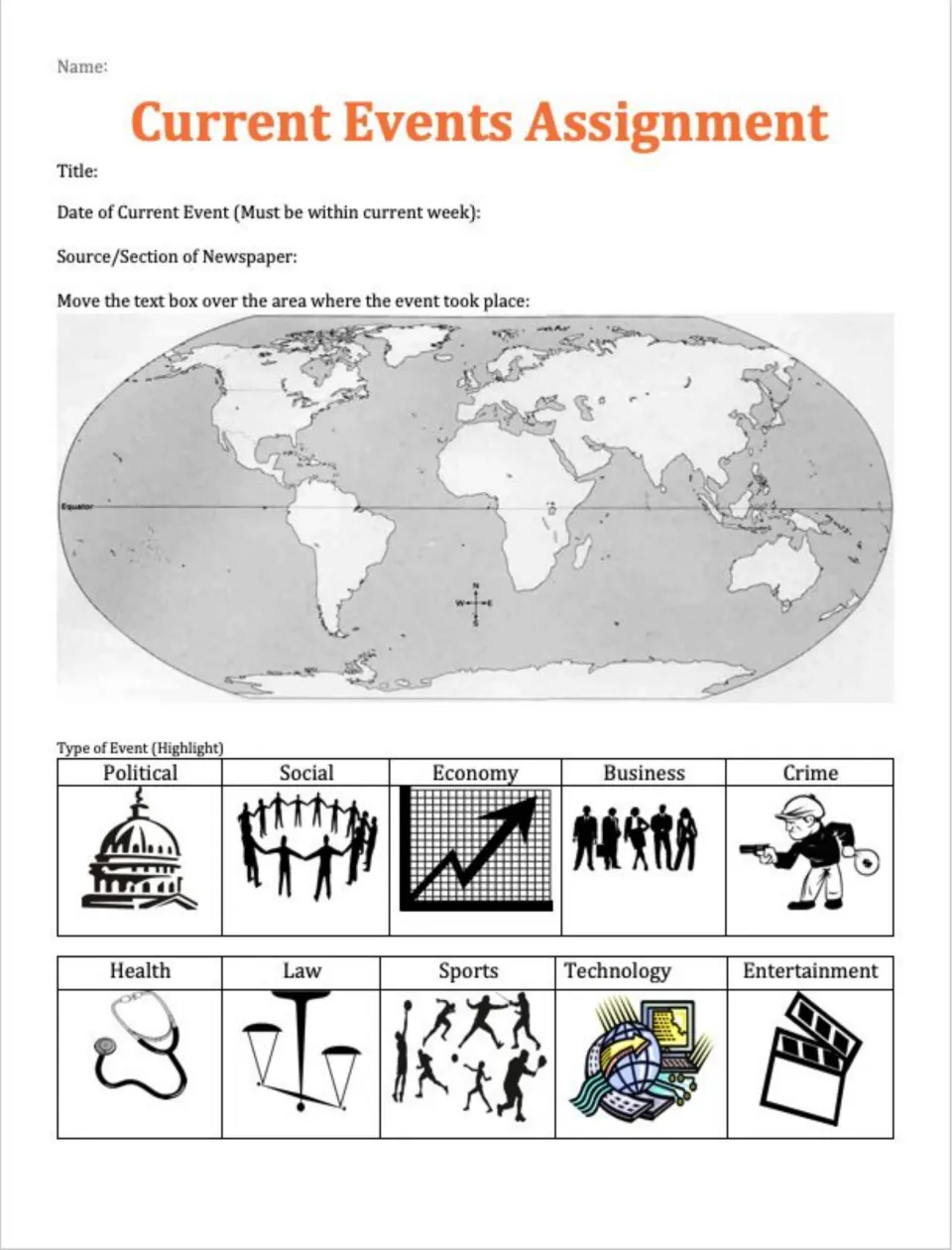 Current Events Assignment: students record title, date and source, mark the event on a world map and highlight its type