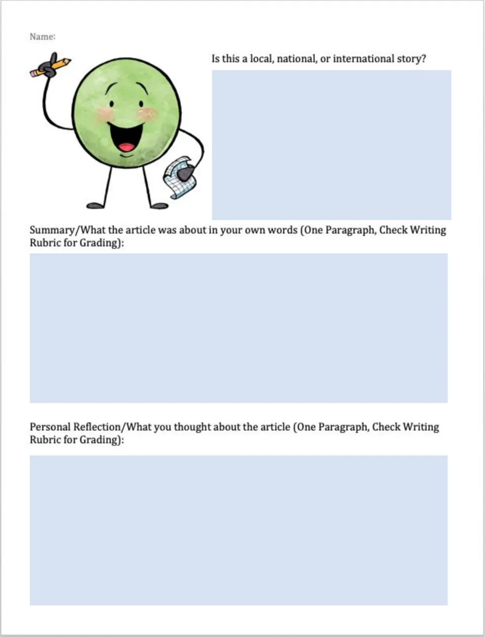 Current event write-up: students say if the story is local, national or international, then summarize and reflect on it