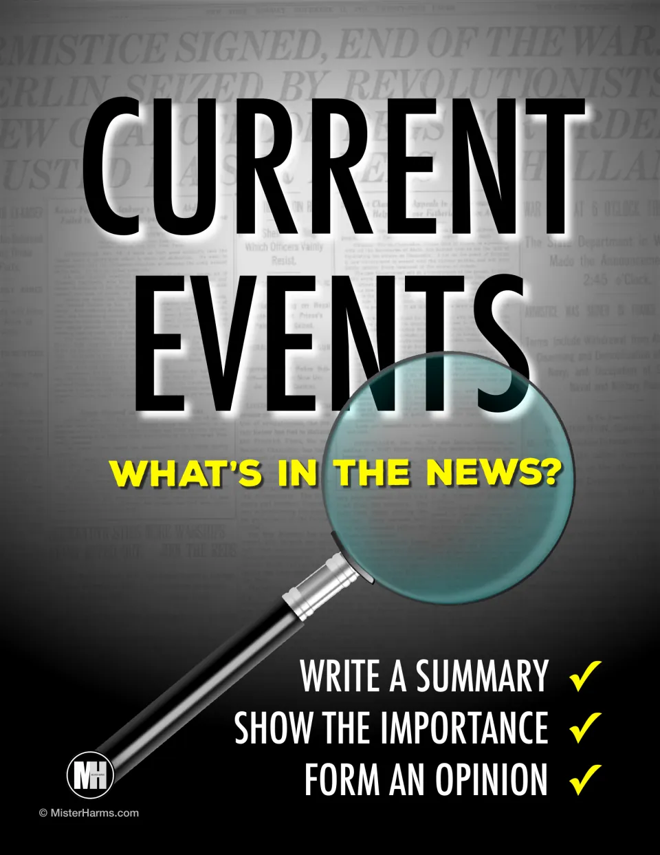 Current Events cover: What's in the News? Lists three tasks: write a summary, show the importance, form an opinion