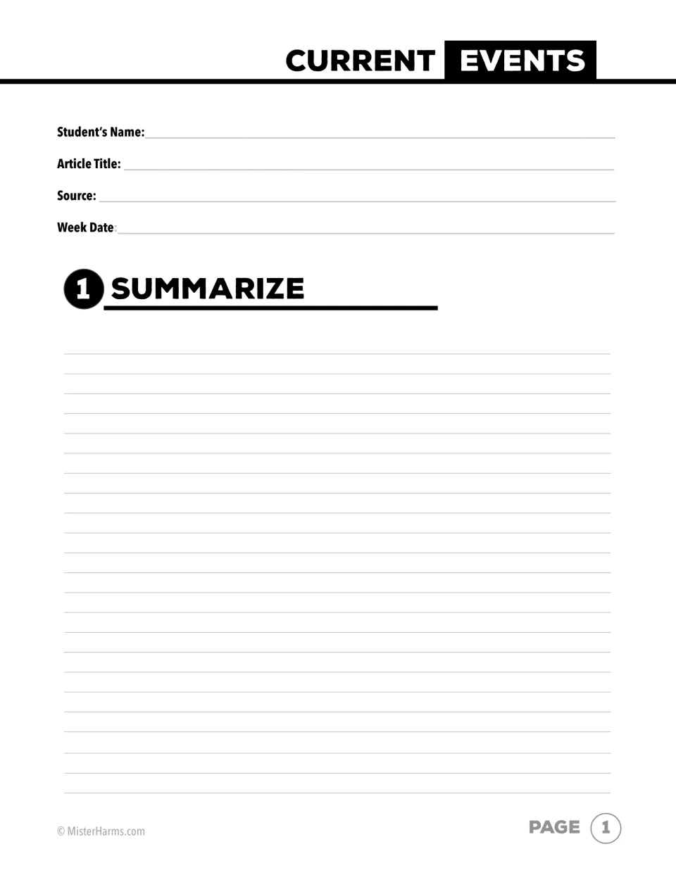 News response sheet, part 1: students record name, article title, source and week date, then summarize the article