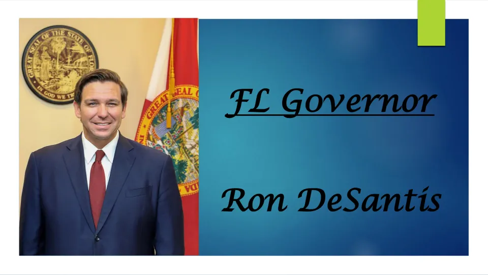 Biography presentation cover identifying Ron DeSantis as Florida governor, with his official portrait