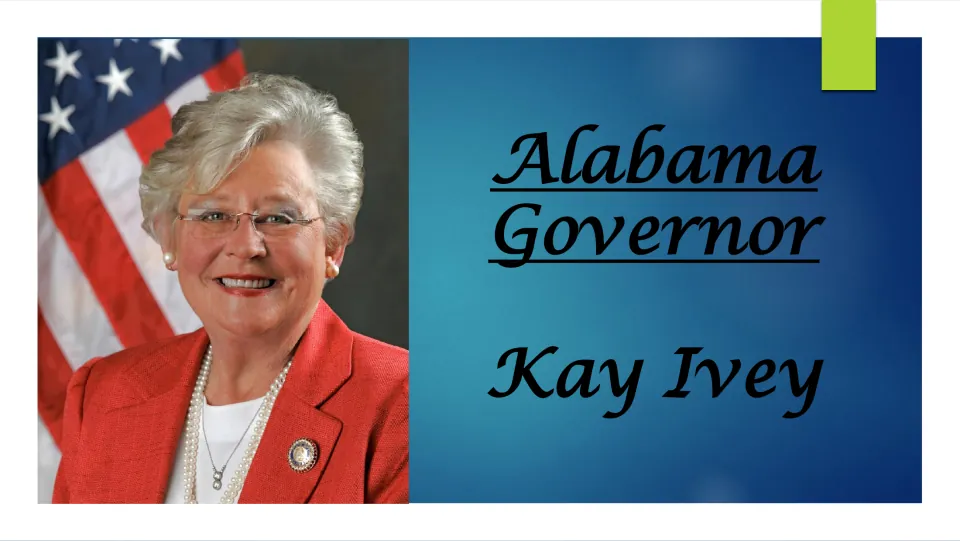Biography presentation cover featuring Kay Ivey’s portrait and the title 'Alabama Governor Kay Ivey'